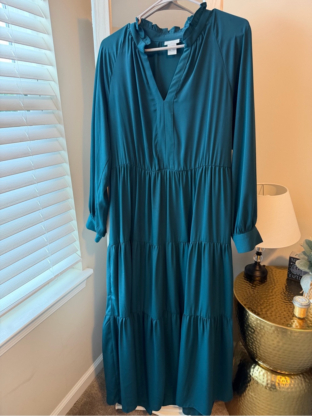 Lucky Brand Emerald Green Tiered Midi Dress with Ruffle Neck